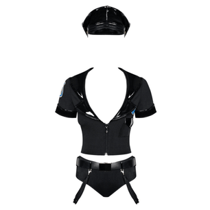 Costume poliziotta sexy 3 pezzi: cappello, top con zip e culotte, vista frontale su sfondo bianco
