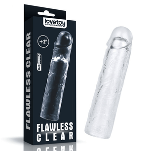 Confezione frontale del prodotto Flawless Clear, guaina fallica trasparente estensibile con estensione di 2 pollici