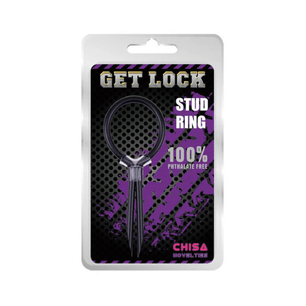 Anello ritardante Get Lock Stud Ring Chisa nella confezione originale, anello elastico nero con struttura a doppio stimolatore.