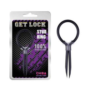 Anello ritardante Get Lock Stud Ring Chisa con confezione e prodotto visibile, anello nero con doppio stimolatore.