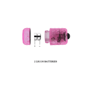 Guaina fallica vibrante rosa con dettaglio del vano batterie LR1130 e orientamento dei poli.