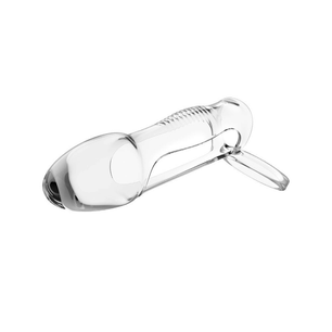 Guaina peniena trasparente con anello ergonomico per maggiore stabilità, vista frontale.