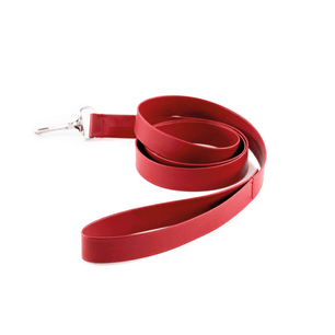 Guinzaglio BDSM rosso in pelle con moschettone incluso nel kit bondage per giochi di dominazione.