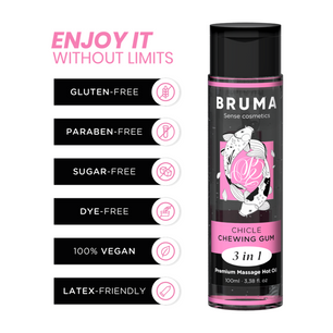 BRUMA - Olio da Massaggio Premium Effetto Calore Sapore Gomma 3 in 1 - 100 Ml