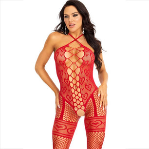 LEG AVENUE - Bodystocking Cavezza Collo Rosso Cuori Rossi