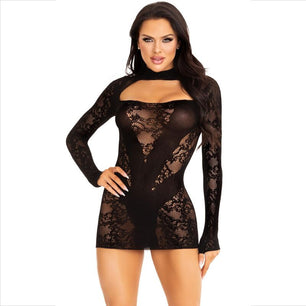 LEG AVENUE - Mini Abito con Pizzo Manica Lunga Nero