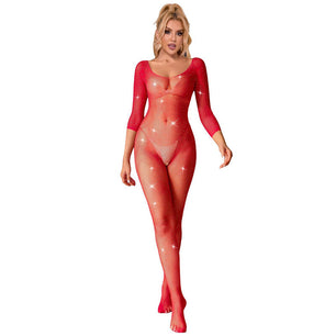 SUBBLIME - 952419 Bodystocking a Rete con Strass Manica Lunga Rosso Xs/m