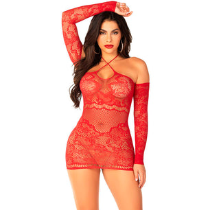 LEG AVENUE - Abito Mini a Rete con Maniche Lunghe e Spalle Scoperte Rosso