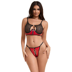 SUBBLIME - 955540 Reggiseno in Vernice Rossa con Cerniera e Reggiseno a Retino L/xl