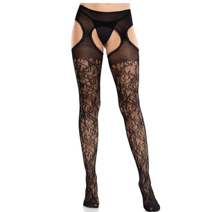 LEG AVENUE - Calze in Pizzo Floreale con Giarrettiere United Black