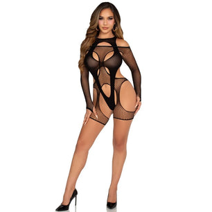 LEG AVENUE - Bodystocking a Rete con Cintura e Imbracatura Nera