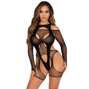 LEG AVENUE - Bodystocking a Rete con Cintura e Imbracatura Nera