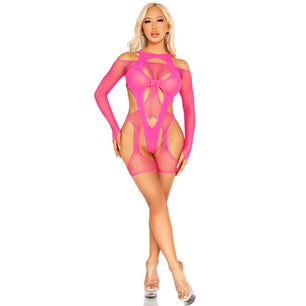 LEG AVENUE - Bodystocking a Rete con Cintura e Imbracatura Rosa Neon