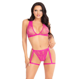 LEG AVENUE - 86148 Reggiseno e Slip in Pizzo con Giarrettiere Rosa - Taglia Unica