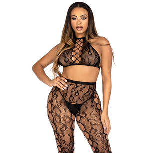 LEG AVENUE - 89372 Crop Top e Collant Senza Cavallo Nero - Taglia Unica