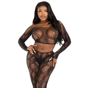 LEG AVENUE - 89373 Top Corto in Pitone e Collant Senza Piede Nero - Taglia Unica