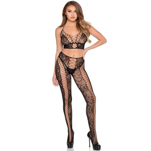 LEG AVENUE - 89368 Top Corto in Rete e Pizzo e Collant Nero - Taglia Unica