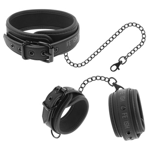 FETISH SUBMISSIVE - Collana e Manette in Pelle Vegana con Fodera in Noprene