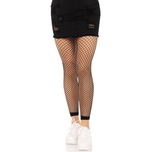 Leggings a rete neri da donna indossati con sneakers bianche e gonna corta, vista frontale.