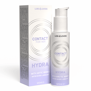 Lubrificante intimo Lube4Lovers Contact For Her Hydra all'Arctic Berry, a base acqua, 120 ml, con confezione e flacone vista frontale.
