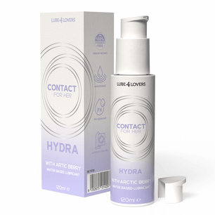 Lubrificante intimo Lube4Lovers Contact For Her Hydra all'Arctic Berry, a base acqua, 120 ml, con confezione, flacone e tappo rimosso.