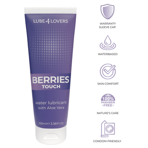 Lubrificante vaginale water touch ai frutti di bosco Lube 4 Lovers da 100 ml, a base d’acqua con Aloe Vera, confezione viola con indicazioni waterbased, paraben free e condom-friendly.