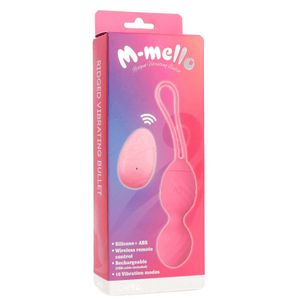 Confezione frontale del vibratore M-Mello Ridged Vibrating Bullet rosa con telecomando wireless.