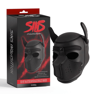 Maschera dog hood nera BDSM vista tre quarti senza pannello muso frontale.