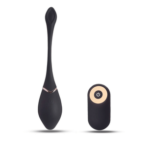 Massaggiatore intimo in silicone nero con telecomando wireless coordinato su sfondo chiaro.