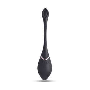 Vista frontale del massaggiatore intimo in silicone nero con design ergonomico e dettaglio metallico.