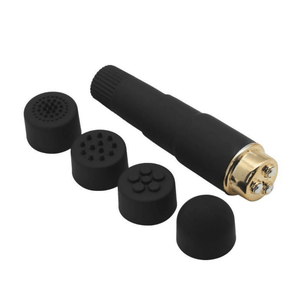 Mini massaggiatore portatile nero con finiture dorate e testine intercambiabili in silicone.