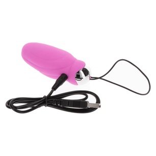 Ovetto vibrante rosa ricaricabile con cavo USB incluso, base cromata e laccetto nero.