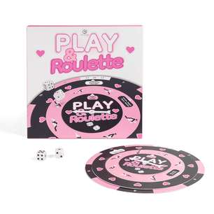 Contenuto del gioco di coppia Play & Roulette con scatola, roulette da tavolo e dadi per gioco romantico per adulti.