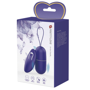 Confezione frontale del Pretty Love Amya Youth viola con telecomando wireless e ovetto vibrante.