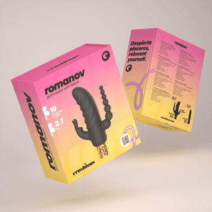 Scatola del vibratore Romanov Glam Bullet with Sleeve con grafica rosa e gialla, vista fronte e retro confezione prodotto.