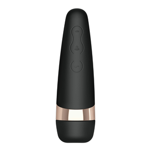 Confezione del Satisfyer Air Pulse Pro 3+, stimolatore ad aria e vibrazione, con box turchese e immagine del prodotto nero con dettaglio oro rosa.
