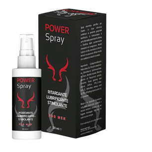 Power Spray 30 ml: spray ritardante lubrificante stimolante per uomo, flacone e confezione su sfondo bianco