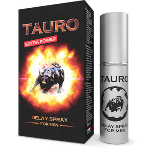 Tauro Extra Power Delay Spray for Men 5 ml: flacone e confezione spray ritardante uomo su sfondo bianco