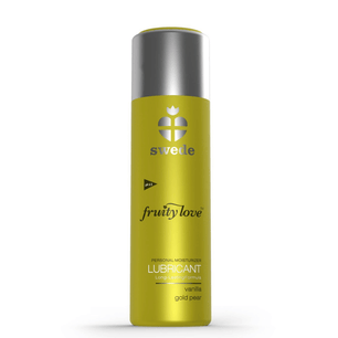 Confezione e flacone del lubrificante personale Swede Fruity Love, formula long-lasting, gusto vanilla gold pear, colore giallo e argento su sfondo chiaro.