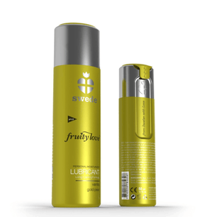 Flacone frontale del lubrificante personale Swede Fruity Love, formula long-lasting, gusto vanilla gold pear, confezione gialla e argento su sfondo chiaro.
