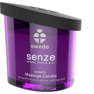 Candela da massaggio afrodisiaca Swede Senze Divinity in vetro viola con profumo grapefruit palmarosa petitgrain