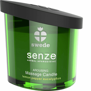 Candela da massaggio Swede Senze in vetro verde con coperchio nero, vista frontale, fragranza lemon pepper eucalyptus.