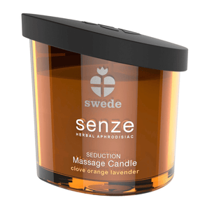 Candela da massaggio Swede Senze Seduction chiusa, vista frontale, in contenitore ambrato con coperchio nero.
