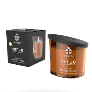Candela da massaggio Swede Senze Seduction in vetro ambrato con confezione nera, fragranza chiodi di garofano, arancia e lavanda.