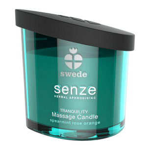 Candela da massaggio Swede Senze Tranquility in contenitore di vetro turchese con coperchio nero, fragranza spearmint rose orange.
