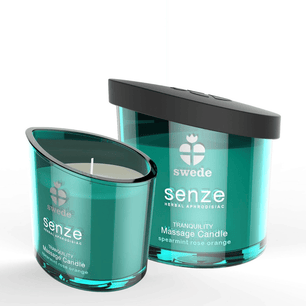 Candela da massaggio Swede Senze Tranquility in vetro turchese con coperchio nero, mostrata insieme alla versione aperta.
