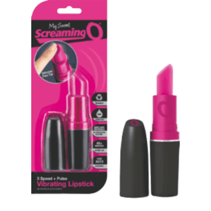 Vibratore rossetto rosa e nero, vista orizzontale sdraiata su sfondo bianco